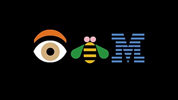 Imagen de vectores representando un ojo, una abeja y una letra "m"