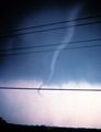 A rope tornado in its dissipating stage. The horizontal lines in the foreground are power cables.