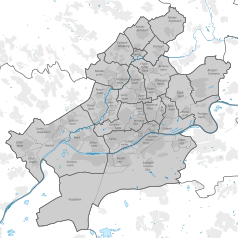 Mapa konturowa Frankfurtu nad Menem, blisko centrum na dole znajduje się punkt z opisem „Frankfurt-Niederrad”