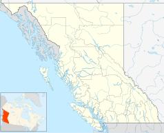 Mapa konturowa Kolumbii Brytyjskiej, blisko dolnej krawiędzi nieco na prawo znajduje się punkt z opisem „Burnaby”