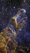 Third place: Young stars form in 'The Pillars of Creation' as seen by the James Webb Space Telescope’s near-infrared camera انتساب: NASA, ESA, CSA, STScI; image processing by Joseph DePasquale (STScI), Anton M. Koekemoer (STScI), Alyssa Pagan (STScI) (public domain)