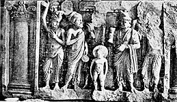 The infant Buddha taking the Seven Steps. Greco-Buddhist art of Gandhara.