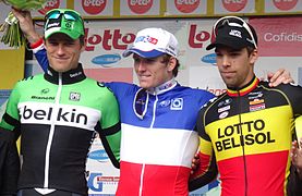 Podium de l'édition 2014 de l'Eurométropole Tour : Theo Bos (3e), Arnaud Démare (1er) et Jens Debusschere (2e).