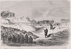 "Entrée des troupes versaillaises à Paris en 1871, à la porte du Point-du-Jour.Le 35e de ligne dans les tranchées..