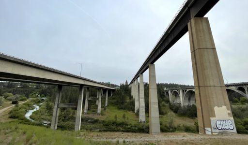 From left-to-right, the I-90, High Bridge and Sunset Boulevard Bridges passing over Latah Creek in the southern portion of High Bridge Park