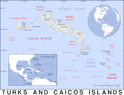 Kinaroroonan ng  Kapuluang Turcas at Caicos  (circled in red) sa the Caribbean  (light yellow)