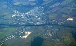 Aerial view of Rîbnița (top), Rezina (right), and Ciorna (left)