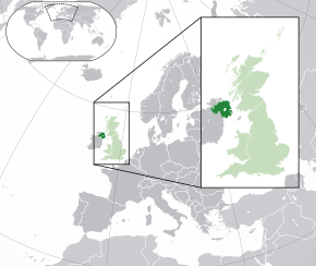 Irlanda de Nord în componența Regatului Unit (verde) și a Europei (verde și gri închis)