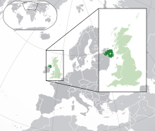 محل وقوع شمالی آئرلینڈ (dark green) – the European continent (light green & dark grey) – the United Kingdom (light green)