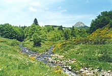 Confluent de l'Aigue Nègre avec la Loire devant le Mont Gerbier de Jonc au fond à droite.