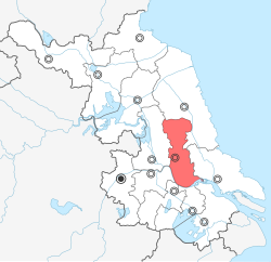 Taizhou's administrative area highlighted within Jiangsu province