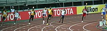 200-meter-løb ved atletik-VM 2007 Tyson Gay (3. fra højre) vinder foran Usain Bolt (4. fra højre) og Wallace Spearmon (5. fra højre)