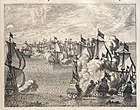 De zeeslag bij Goa in 1638. Rechts het Portugese galjoen dat in brand wordt gestoken, waarbij ook de Vlissingen en de 's-Gravenhage in vlammen opgaan.