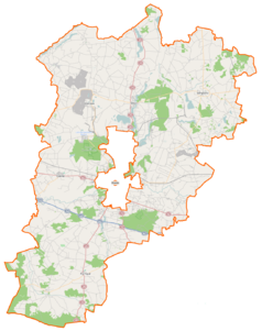 Mapa konturowa powiatu konińskiego, po lewej znajduje się punkt z opisem „Maksymów”