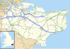 Mapa konturowa Kentu, u góry nieco na prawo znajduje się punkt z opisem „Whitstable”