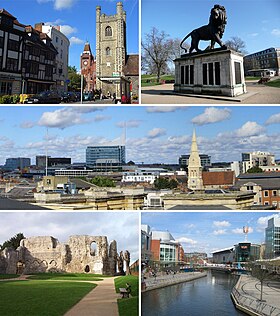 The Oracle, Town Hall an St Laurence's Church, Skyline frae Reading West, Reading Abbey an Reading Festival