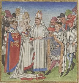 Het huwelijk van Godfried met Havise, dochter van hertog Richard I van Normandië, verluchting uit 1460.