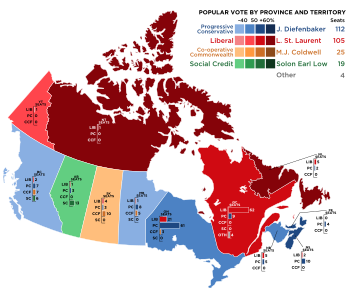 A map of Canada, with the provinces and territories (as they were in 1957) delineated. Different colours mark the different political parties' victories. The map shows the Liberals won Quebec, Newfoundland, Yukon, and the Northwest Territories, Social Credit won Alberta, the CCF won Saskatchewan, and the Tories won British Columbia, Manitoba, Ontario, Prince Edward Island, New Brunswick and Nova Scotia.