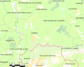 Carte des environs du village avec les nom et les limites des communes limitrophes.