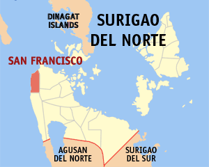 Mapa sa Surigao del Norte nga nagpakita kon asa nahimutang ang San Francisco