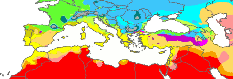 Mapa das zonas climáticas dos arredores do mar Mediterráneo, segundo a clasificación climática de Köppen