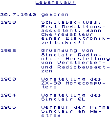 Schriftbild des ZX Spectrum mit dem Lebenslauf von Sir Clive Sinclair