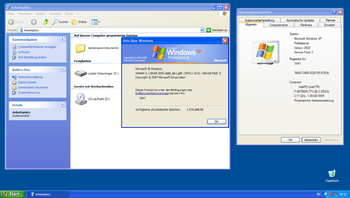 Windows XP-Luna-Desktop mit geöffneten Startmenü und 2 Fenstern