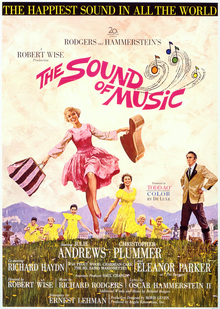 Poster with an illustration of actress Julie Andrews dancing in the mountains