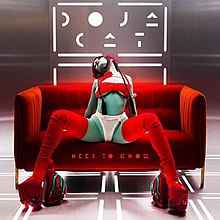 Doja Cat with a blue skin color, reclining against a red couch with her legs spread out. Behind the couch stands white text in a minimalist font, spelling out Doja Cat's name. In the same font, the song title "Need To Know" is printed in red and located on the couch, between Doja Cat's legs.