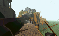 The dock from the starting position on Myst Island as a pre-rendered still in the original game (1993)