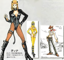 Though the "Deadly Dancer" concept (left) was abandoned, aspects of it influenced Tina appearance in the first game.[3] Meanwhile, many of her outfits (right) focus heavily on fanservice, with the developers feeling that cowgirl attire suited her and using variations of the design across the series.[4]