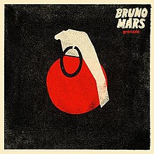 Red hand grenade with a white handle and a black safety pin on a black background. The word "Grenade" is in lowercase red font beneath the words "Bruno Mars" in white capital font to the upper right.