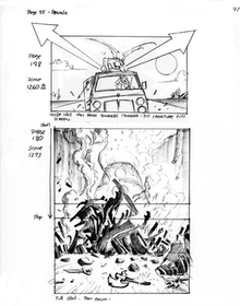 A storyboard by Brad Parker depicts a truck crashing and exploding into a train.