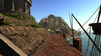 The dock from the starting position on Myst Island as a pre-rendered still in the original game (1993)