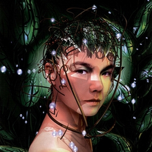 A painting of the artist with her hair tangled with metal cords and leaves, in front of a dense wall of green plant pods.