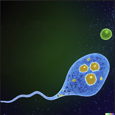 This is supposedly an amoeba moving; it looks more like a sperm cell, if anything. Amoeboid movement and a flagellum are fundamentally different movement techniques, and this looks much more like the latter. Prompt apparently was "an ameba moving toward a food source through the process of chemotaxis". Chemotaxis is movement in response to chemicals in the surrounding environment and needs a lot more creativity to illustrate.