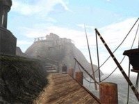 The dock from the starting position on Myst Island as a pre-rendered still in the original game (1993)