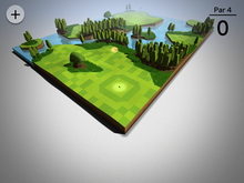 A three-dimensional view of a virtual golf course.