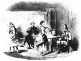 drawing of a stage scene in the interior of a humble cottage, with an older woman and man seated left, both smoking pipes; a young woman standing; and a young man seated, holding a beer jug