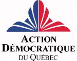 Fleur bleue et rouge avec « Action démocratique du Québec » inscrit au-dessous.