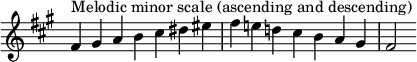  {
\override Score.TimeSignature #'stencil = ##f
\relative c' {
  \clef treble \key fis \minor \time 7/4
  fis4^\markup "Melodic minor scale (ascending and descending)" gis a b cis dis eis fis e! d! cis b a gis fis2
} }

