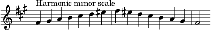  {
\override Score.TimeSignature #'stencil = ##f
\relative c' {
  \clef treble \key fis \minor \time 7/4
  fis4^\markup "Harmonic minor scale" gis a b cis d eis fis eis d cis b a gis fis2
} }

