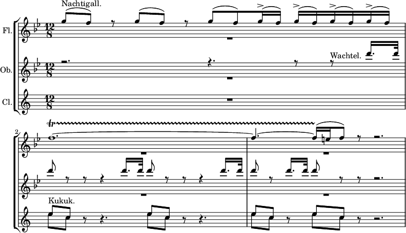 
{#(set-global-staff-size 14)
  \new StaffGroup <<
    \new Staff = "flute" \with {
      instrumentName = #"Fl."
    } {
      <<
        \new Voice = "up" \relative c'''{
          \set Staff.midiInstrument = #"flute"
          \stemUp \voiceOne
          \clef treble 
          \once \hide TimeSignature
          \key bes \major
          \time 12/8
          \stemUp
          g8^(^"Nachtigall." f) r g^( f) r g^( f) g16^(^> f) g^(^> f) g^(^> f) g^(^> f) f1.~\startTrillSpan f4.~ f16^( \stopTrillSpan  e f8) r r2.
        }
        \new Voice = "down" \relative c''{
          \stemDown \voiceTwo
          R1. R R
        }
      >>
    }
    \new Staff = "oboe" \with {
      instrumentName = #"Ob."
    } {
      <<
        \new Voice = "up" \relative c''' {
          \set Staff.midiInstrument = #"oboe"
          \stemUp \voiceOne
          \key bes \major
          r2. r4. r8 r8^"Wachtel." d16. d32 d8 r r r4 d16. d32 d8 r r r4 d16. d32 d8 r d16. d32 d8 r r r2.
        }
        \new Voice = "down" \relative c''{
            \stemDown \voiceTwo
            R1. R R
        }
      >>
    }
    \new Staff = "clarinet" \with {
      instrumentName = #"Cl."
    } {
      <<
       \new Voice = "up" \relative c''{
          \set Staff.midiInstrument = #"clarinet"
          \transposition bes
          \stemUp
          \key c \major
          R1. e8^"Kukuk." c r r4. e8 c r r4. e8 c r e c r r2.
        }
          \new Voice = "down" \relative c''{
          \stemDown
          s1. e8 c s s4. e8 c s s4. e8 c s e c s s2.
        }
      >>
    }
  >>
}
