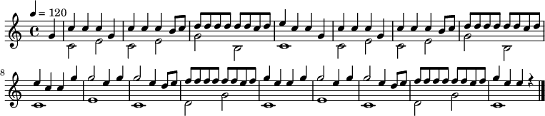 
{ \relative c'' {
 \clef treble
 \key c \major
 \tempo 4 = 120
 \time 4/4
 \set Staff.midiInstrument = "sitar"
 \partial 4 g4 << { c c c g c c c b8 c d d d d d d c d e4 c c g c c c g c c c b8 c d d d d d d c d e4 c c g' g2 e4 g g2 e4 d8 e f f f f f f e f g4 e e g g2 e4 g g2 e4 d8 e f f f f f f e f g4 e e r \bar "|."} \\ { c,2 e c e g b, c1 c2 e c e g b, c1 e c d2 g c,1 e c d2 g c,1} >>
 } } 