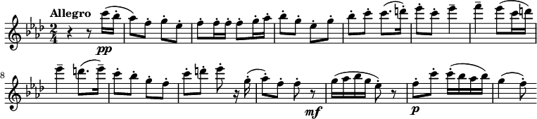 
\header{
   title = "Seventeen Come Sunday"
}
\relative c'''
 {
  \key f \minor
    \time 2/4 \set Score.tempoHideNote = ##t \tempo "Allegro" 4 = 120
       r4 r8 c16\pp (bes16-.  aes8) f8-. g8-. es8-. f8-. f16-. f16-. f8-.
      g16-. aes16-.  bes8-. g8-. es8-. g8-.  bes8-. c8-. c8. (d16-.) es8-. c8-. es4--
      f4-- es8 (c16 d16)
      es4-- d8. (es16--) c8-. bes8-. g8-. f8-. c'8-. d8-.
      es8-. r16 g,16-. (aes8-.) f8-. f8-. r8\mf g16 (aes16 bes16 g16 es8-.) r8 f8-.\p c'8-. c16-. (bes16 aes16 bes16) g4 (f8-.)
  }
  