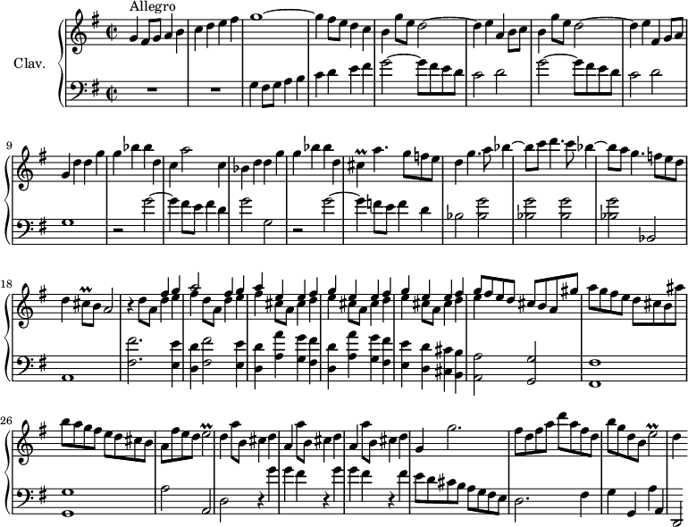 
\version "2.18.2"
\header {
  tagline = ##f
}

%% les petites notes
trillCis         = { \tag #'print { cis4\prall } \tag #'midi { d32 cis d cis~ cis8 } }
trillCisq        = { \tag #'print { cis8\prall } \tag #'midi { d32 cis d cis } }
trillE           = { \tag #'print { e2\prall } \tag #'midi { fis32 e fis e~ e8~ e4 } }

upper = \relative c'' {
  \clef treble 
  \key g \major
  \time 2/2
  \tempo 2 = 88
  \set Staff.midiInstrument = #"harpsichord"

      s8*0^\markup{Allegro}
      g4 fis8 g a4 b | c d e fis | g1~ | g4 fis8 e d4 c | b g'8 e d2~ |
      % ms. 6
      d4 e a, b8 c | b4 g'8 e d2~ | d4 e fis, g8 a | g4 d' d  g | g bes bes d, |
      % ms. 11
      c4 a'2 c,4 | bes d d  g | g bes bes d, | \trillCis a'4. g8 f e | d4 g4. a8 bes4~ |
      % ms. 16
      bes8 c d4. c8 bes4~ | bes8 a g4. f8 e d | d4 \trillCisq b8 a2 | r4 << { s4 fis'4 g | a2 fis4 g  | a e e fis } \\ { d8 a d4 e | fis d8 a d4 e | fis cis8 a cis4 d } >>
      % ms. 22
      \repeat unfold 2 { << { g4 e e fis } \\ { e4 cis8 a cis4 d } >> } << { g8 fis e d cis b a gis' } \\ { e4 } >> | a8 g fis e d cis b ais' |
      % ms. 26
      b8 a g fis e d cis b | a fis' e d \trillE | d4 a'8 b, cis4 d | \repeat unfold 2 { a4 a'8 b, cis4 d } |
      % ms. 31
      g,4 g'2. | fis8 d fis a d a fis d | b' g d b \trillE | d4 s4

}

lower = \relative c' {
  \clef bass
  \key g \major
  \time 2/2
  \set Staff.midiInstrument = #"harpsichord"

    % **************************************
      R1*2 | g4 fis8 g a4 b | c d e fis | \repeat unfold 2 { g2~ g8 fis e d |
      % ms. 9
      c2 d } | g,1 | r2 g'2~ g4 fis8 e fis4 d | g2 g, | r2 g'2~ | g4 f8 e f4 d | bes2 < bes g' >2 |
      % ms. 16
      q2 q | q bes,2 | a1 | < fis' fis' >2. < e e' >4 | < d d' >4 < fis fis' >2 < e e' >4 | 
      % ms. 21
      \repeat unfold 2 { < d d' >4 < a' a' > < g g' > < fis fis' > } | < e e' > < d d' > < cis cis' > < b b' > | < a a' >2 < g g' >2 | < fis fis' >1 |
      % ms. 26
      < g g' >1 | a'2 a, | d2 \repeat unfold 2 { r4 g'4 | g fis } r4 fis4 |
      % ms. 31
      e8 d cis b a g fis e | d2. fis4 | g g, a' a, | d,2*1/2


}

thePianoStaff = \new PianoStaff <<
    \set PianoStaff.instrumentName = #"Clav."
    \new Staff = "upper" \upper
    \new Staff = "lower" \lower
  >>

\score {
  \keepWithTag #'print \thePianoStaff
  \layout {
      #(layout-set-staff-size 17)
    \context {
      \Score
     \override SpacingSpanner.common-shortest-duration = #(ly:make-moment 1/2)
      \remove "Metronome_mark_engraver"
    }
  }
}

\score {
  \keepWithTag #'midi \thePianoStaff
  \midi { }
}
