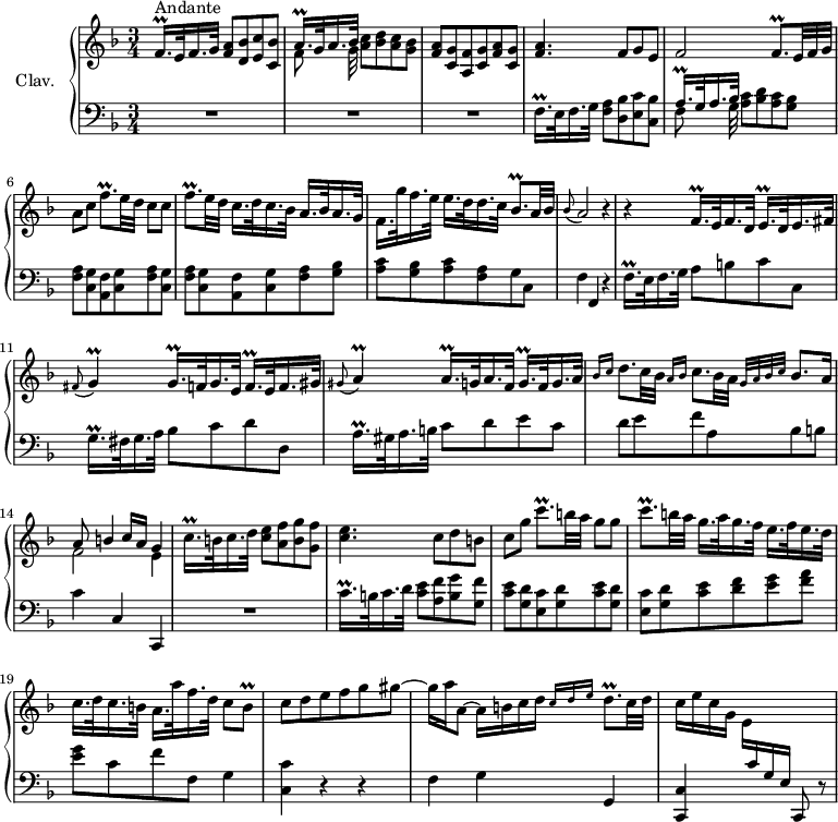 
\version "2.18.2"
\header {
  tagline = ##f
  % composer = "Domenico Scarlatti"
  % opus = "K. 256"
  % meter = "Andante"
}

%% les petites notes
trillFqqpDown    = { \tag #'print { f,16.\prall } \tag #'midi { f32 g f } }
trillAqqpUp      = { \tag #'print { a'16.\prall } \tag #'midi { a32 bes a } }
trillAqqp        = { \tag #'print { a16.\prall } \tag #'midi { a32 bes a } }
trillFqqpUp      = { \tag #'print { f'16.\prall } \tag #'midi { f32 g f } }
trillFqqp        = { \tag #'print { f16.\prall } \tag #'midi { f32 g f } }
trillEqqp        = { \tag #'print { e16.\prall } \tag #'midi { e32 f e } }
trillG           = { \tag #'print { g4\prall } \tag #'midi { a32 g a g~ g8 } }
trillGqqp        = { \tag #'print { g16.\prall } \tag #'midi { g32 a g } }
trillGqqpUp      = { \tag #'print { g'16.\prall } \tag #'midi { g32 a g } }
trillFqp         = { \tag #'print { f8.\prall } \tag #'midi { g32 f g f~ f16 } }
trillBqp         = { \tag #'print { bes8.\prall } \tag #'midi { c32 bes c bes~ bes16 } }
trillA           = { \tag #'print { a4\prall } \tag #'midi { bes32 a bes a~ a8 } }
trillCqqpUp      = { \tag #'print { c'16.\prall } \tag #'midi { c32 d c } }
trillCqqpUpUp    = { \tag #'print { c''16.\prall } \tag #'midi { c32 d c } }
trillCqp         = { \tag #'print { c8.\prall } \tag #'midi { d32 c d c~ c16 } }
trillBq          = { \tag #'print { b8\prall } \tag #'midi { c32 b c b } }
trillDqp         = { \tag #'print { d8.\prall } \tag #'midi { e32 d e d~ d16 } }

upper = \relative c'' {
  \clef treble 
  \key f \major
  \time 3/4
  \tempo 4 = 82

      s8*0^\markup{Andante}
      \trillFqqpDown e32 f16. g32 < f a >8 < d bes' > < e c' > < c bes' > |
      << { \trillAqqpUp g32 a16. bes32 } \\ { f8 s16. g32 } >> < a c >8 < bes d > < a c > < g bes > |
      < f a >8 < c g' > < a f' > < c g' > < f a > < c g' > | < f a >4. f8 g e |
      % ms. 5
      f2 \trillFqp \omit TupletNumber  \times 2/3 { e32 f g } | a8 c \trillFqp e32 d c8 c  |
      \trillFqp e32 d c16. d32 c16. bes32  a16. bes32 a16. g32  | f16. g'32 f16. e32  e16. d32 d16. c32 \trillBqp a32 bes |
      % ms. 9
      \appoggiatura bes8 a2 r4 | r4 \trillFqqp e32 f16. d32 \trillEqqp d32 e16. fis32 |
      \appoggiatura fis8 \trillG  \trillGqqp f32 g16. e32  \trillFqqp e32 f16. gis32 |
      \appoggiatura gis8 \trillA  \trillAqqp g32 a16. f32  \trillGqqp f32 g16. a32 |
      % ms. 13
      \grace { bes16 c } d8. c32 bes \grace { a16 bes } c8. bes32 a \grace { \tempo 4 = 62 g32 a bes c }   \tempo 4 = 82 bes8. a16 |
      << { a8 b4 c16 a g4 } \\ { f2 e4 } >>  
      \trillCqqpUp b32 c16. d32 < c e >8 < a f' > < b g' > < g f' > | < c e >4. c8 d b |
      % ms. 17
      c8 g' \trillCqp b32 a g8 g |  \trillCqp b32 a g16. a32 g16. f32 e16. f32 e16. d32 |
      c16. d32 c16. b32  a16. a'32 f16. d32 c8 \trillBq | c8 d e f g gis~ |
      % ms. 21
      gis16 a a,8~ a16 b c d \grace {   \tempo 4 = 62 c16 d e }   \tempo 4 = 82 \trillDqp c32 d | c16 e c g \stemDown e \stemUp  \change Staff = "lower" c g e s4 |

}

lower = \relative c' {
  \clef bass
  \key f \major
  \time 3/4

    % ************************************** \appoggiatura a16  \repeat unfold 2 {  } \times 2/3 { }   \omit TupletNumber 
      R2.*3 | \trillFqqpDown e32 f16. g32 < f a >8 < d bes' > < e c' > < c bes' > |
      % ms. 5
      << { \trillAqqpUp g32 a16. bes32 } \\ { f8 s16. g32 } >>  < a c >8 < bes d > < a c > < g bes > |
      < f a >8 < c g' > < a f' > < c g' > < f a > < c g' > |
      < f a >8 < c g' > < a f' > < c g' > < f a > < g bes > | < a c > < g bes > < a c > < f a > g c, |
      % ms. 9
      f4 f, r4 | \trillFqqpUp e32 f16. g32 a8 b c c, | \trillGqqpUp fis32 g16. a32 bes8 c d d, |
      \trillAqqpUp gis32 a16. b32 c8 d e c |
      % ms. 13
      d8 e f a, bes b | c4 c, c, | R2. | \trillCqqpUpUp b32 c16. d32 < c e >8 < a f' > < b g' > < g f' > |
      % ms. 17
      < c e >8 < g d' > < e c' > < g d' > < c e > < g d' > | < e c' > < g d' > < c e > < d f > < e g > < f a > |
      < e g > c f f, g4 | < c, c' > r4 r4 |
      % ms. 21
      f4 g g, | < c, c' > s4 c8 r8 |

}

thePianoStaff = \new PianoStaff <<
    \set PianoStaff.instrumentName = #"Clav."
    \new Staff = "upper" \upper
    \new Staff = "lower" \lower
  >>

\score {
  \keepWithTag #'print \thePianoStaff
  \layout {
      #(layout-set-staff-size 17)
    \context {
      \Score
     \override TupletBracket.bracket-visibility = ##f
     \override SpacingSpanner.common-shortest-duration = #(ly:make-moment 1/2)
      \remove "Metronome_mark_engraver"
    }
  }
}

\score {
  \keepWithTag #'midi \thePianoStaff
  \midi { \set Staff.midiInstrument = #"harpsichord" }
}
