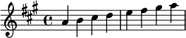  \relative c'' { \clef treble\key a \major a b cis d | e fis gis a } 