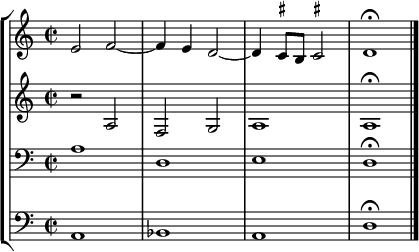 
    { 
#(set-global-staff-size 18)
<< \new StaffGroup <<
        \new Staff <<
            \clef treble \time 2/2
            \relative c' {
                \clef treble \time 2/2
                e2 f2~ f4 e d2~ d4 \once \set suggestAccidentals = ##t cis8 b \once \set suggestAccidentals = ##t cis!2 d1\fermata
                }
            >>
        \new Staff <<
            \clef treble \time 2/2
            \new Voice \relative c' {
                r2 a f g a1 a1\fermata
                }
            >>
        \new Staff <<
            \clef bass \time 2/2
            \new Voice \relative c' {
                a1 d, e d\fermata
                }
            >>
        \new Staff <<
            \clef bass \time 2/2
            \new Voice \relative c {
                a1 bes a d\fermata \bar "|."
                }
            >>
    >>
>> }
