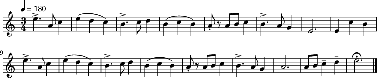 

  \relative c'' {
  \tempo 4 = 180
  \time 3/4
  e4.-> a,8 c4
  e4 (d c)
  b4.-> c8 d4
  b4 (c b)
  a8-. r a b c4
  b4.-> a8 g4
  e2.
  e4 c' b
  e4.-> a,8 c4
  e4 (d c)
  b4.-> c8 d4
  b4 (c b)
  a8-. r a b c4
  b4.-> a8 g4
  a2.
  a8 b c4-- d--
  e2.\fermata

  \bar "|."

  }
